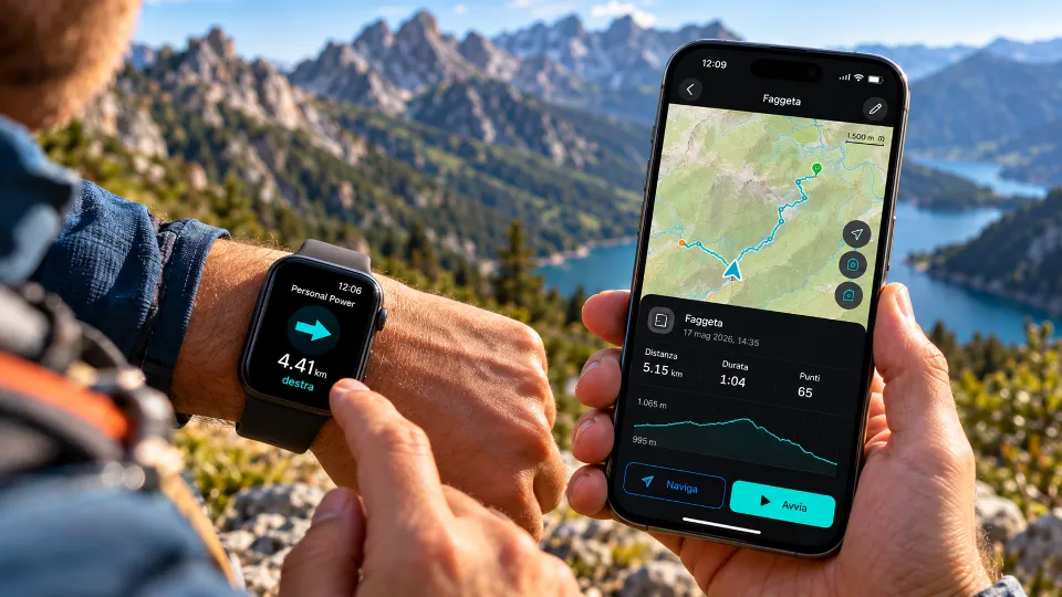 Escursionista in montagna consulta una mappa GPS sullo smartphone con GeoFix, durante un'escursione su un sentiero panoramico.