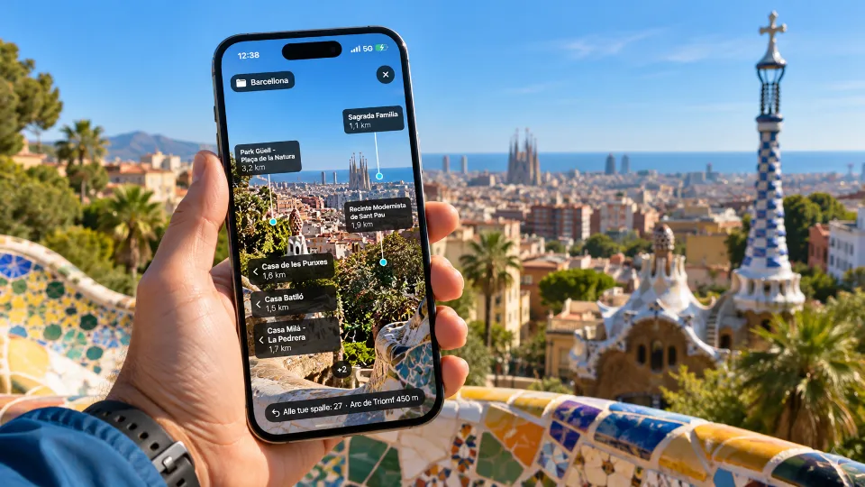 Smartphone con GeoFix AR che mostra waypoint e punti di interesse in realtà aumentata, sullo sfondo il panorama di Barcellona visto dal Parco Güell.