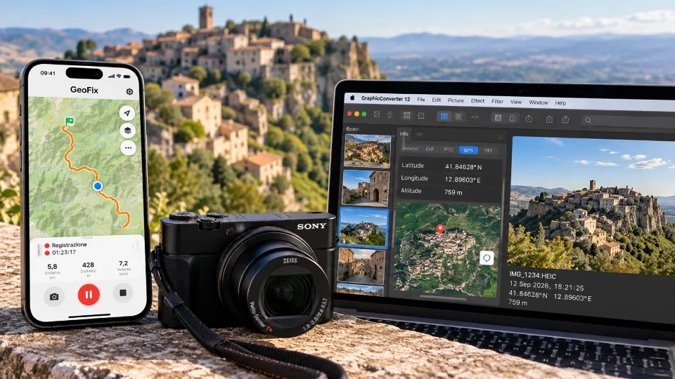 Sony camera, iPhone running GeoFix to record a GPS track and Mac displaying a geotagged photograph in GraphicConverter, with a scenic hilltop village in the background.