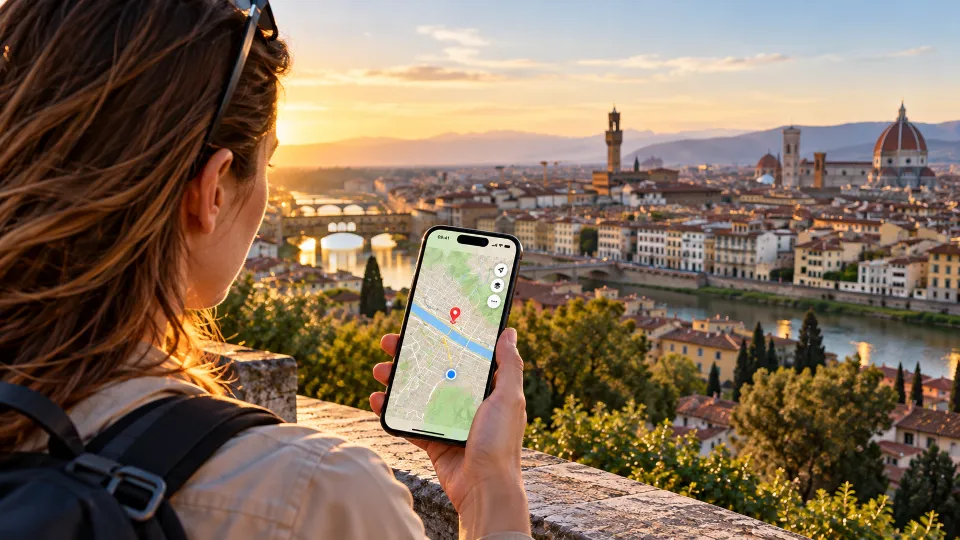 A tourist views a GPS map with a highlighted waypoint on her smartphone while admiring Florence at sunset, with the Arno River, bridges and cathedral in the background.