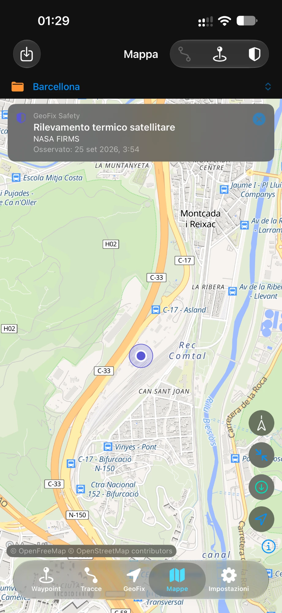 Mappa di GeoFix con il rilevamento termico satellitare evidenziato da GeoFix Safety