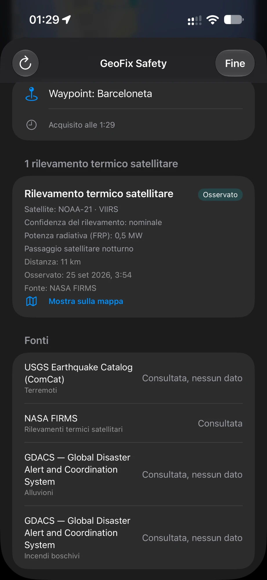 Risultato di GeoFix Safety per il waypoint Barceloneta: un rilevamento termico satellitare di NASA FIRMS e le fonti consultate
